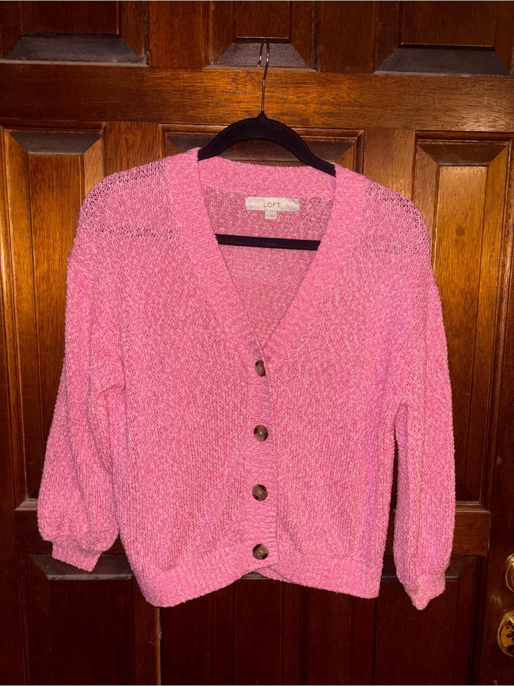 LOFT Pink V-Neck Button Front Sweater Cardigan Cotton Blend Open Knit Sz Medium
